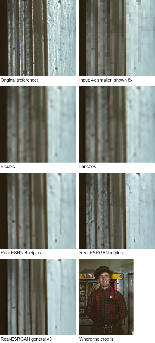 Crops of the same region of the Garage mechanic (1943) photo: the original, the 4x-reduced input, and the outputs of bicubic, Lanczos, Real-ESRNet x4plus, Real-ESRGAN x4plus and Real-ESRGAN general v3