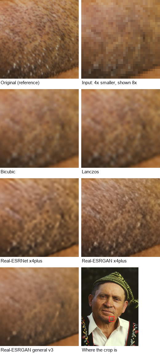 Crops of the same region of the Guide, Little Norway (1942) photo: the original, the 4x-reduced input, and the outputs of bicubic, Lanczos, Real-ESRNet x4plus, Real-ESRGAN x4plus and Real-ESRGAN general v3